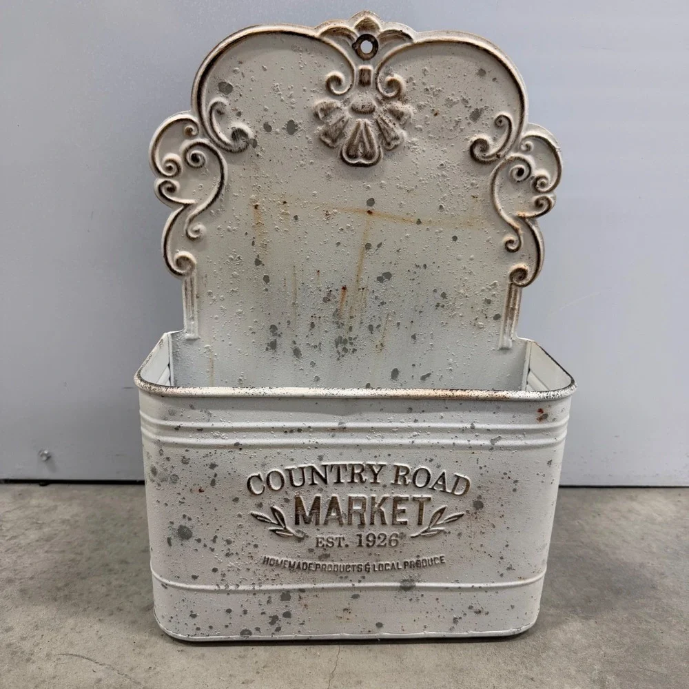 Country Road Market Farmhouse Wall Bin Distressed White Metal Mail Holder Decor